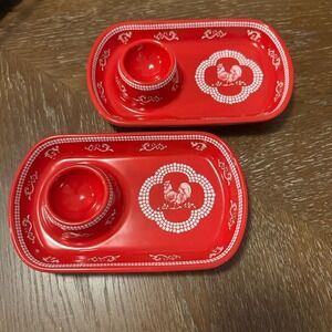 2 Temp-Tations Red Doodle Doo Rooster Dip Snack Egg Cup‎ Sushi Plates Appetizer